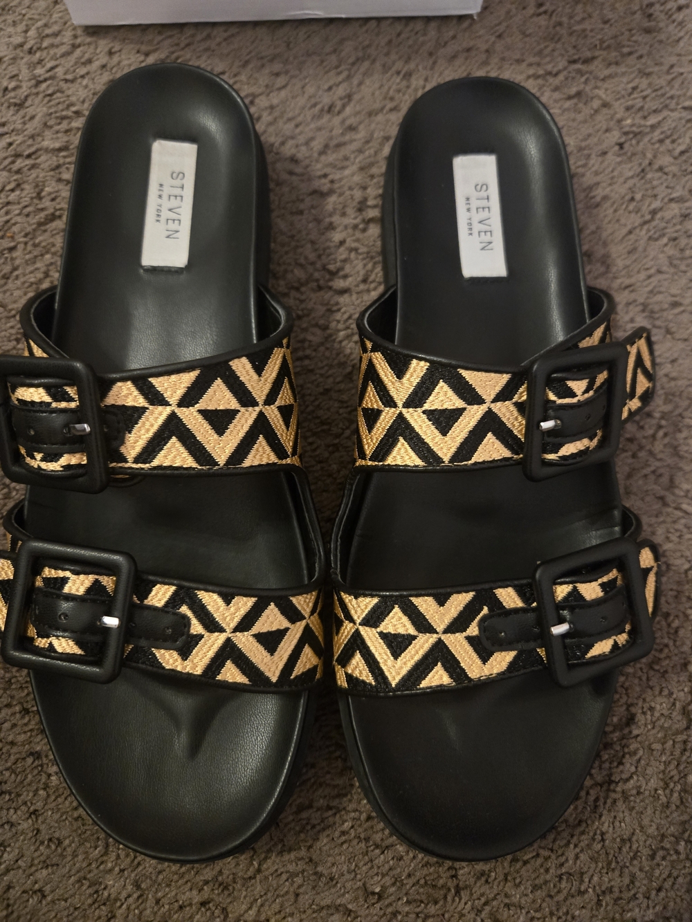 Steven By Steve Madden Black & Gold Geometric Buckle Slide Sandals